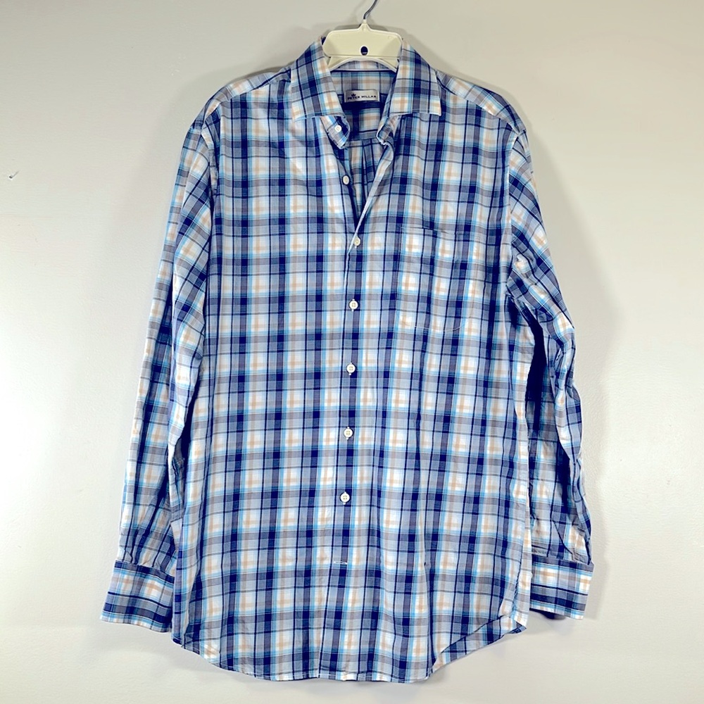 Peter Millar blue orange plaid button up shirt size large